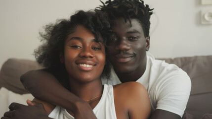 Obraz premium A couple lovingly cuddle at home, smiling warmly in a relaxed and intimate setting, exuding comfort and connection.