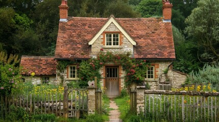 Imagine a traditional farmhouse in the British countryside with stone walls, a red-tiled roof, and a rustic front porch.