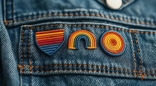 Close-up of three colorful embroidered patches on denim fabric. The patches include a shield, a rainbow, and a circular pattern with vibrant colors.