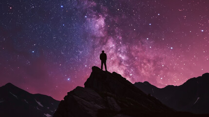 Fototapeta premium A lone figure stands on a rocky outcrop beneath a spectacular starry sky, featuring the Milky Way, invoking a feeling of awe and wonder in nature's expanse.