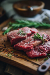 Raw steaks on a wooden board