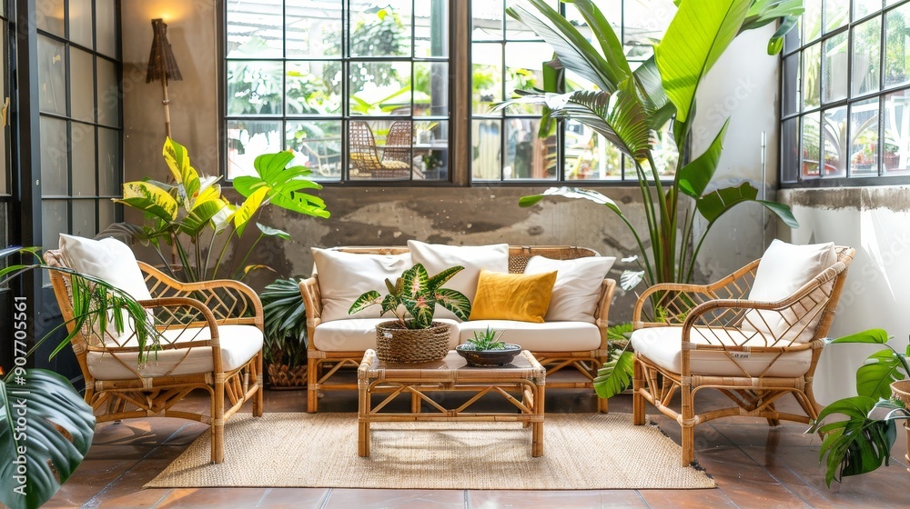 Canvas Prints Imagine a tropical living room with bamboo furniture, bright colors, and plenty of plants.