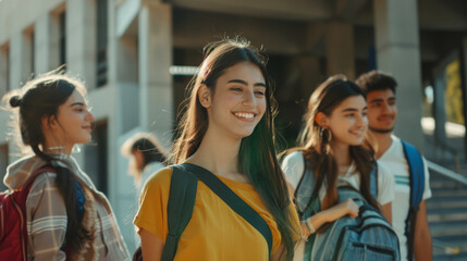 Obraz premium A group a cheerful teenagers, all smiles, with backpacks casually hanging on their shoulders, clearly enjoying each other's company on a sunny day.