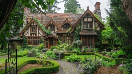 Imagine a Tudor-style house with exposed wooden beams, leaded glass windows, and a steeply pitched roof.