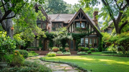 Obraz premium Imagine a Tudor-style house with exposed wooden beams, leaded glass windows, and a steeply pitched roof.