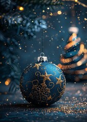 Blue Christmas ornament with gold decoration hanging on tree with festive lights