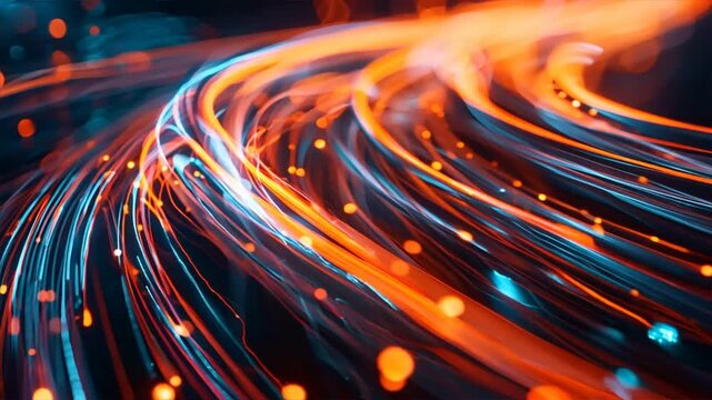 close-up of fiber optic cables with colorful lights traveling through them