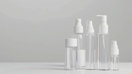 Minimalist arrangement of clear cosmetic bottles against a plain background, highlighting simplicity and elegance.