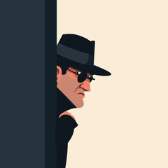 Mysterious man dark hat leather jacket peeking behind wall grim look animated style vector illustration. Spy detective lurking black sunglasses isolated white background. Secret agent undercover