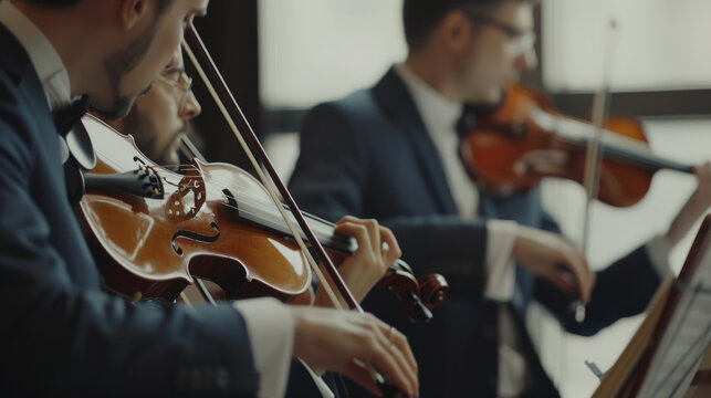 Three musicians in a symphony orchestra passionately play their instruments, creating a harmonious blend of violin and cello in a warmly lit room.