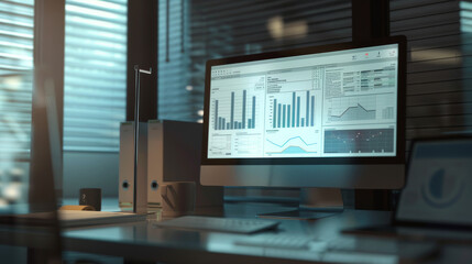 A computer screen displaying various graphs and charts sits on a desk in a dimly lit office space.