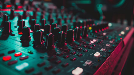 Obraz premium A close-up of a mixing console with colorful lit knobs and buttons, capturing the vibrant energy of music production in a dimly lit studio.