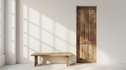 A serene, minimalist room illuminated by soft sunlight, showcasing a rustic wooden bench and door against pristine white walls.