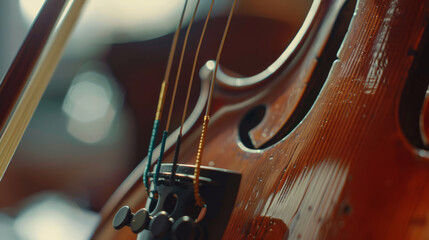Fototapeta premium A close-up of a violin showcasing its beautifully crafted strings and woodwork, epitomizing elegance and musical artistry.