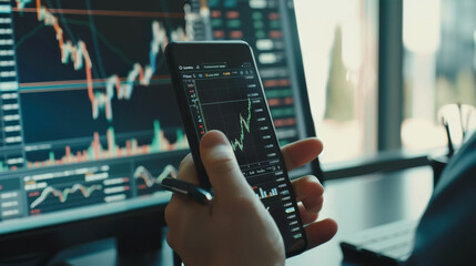 A person uses a smartphone to monitor stock market graphs, with a computer screen showing similar graphs in the background.