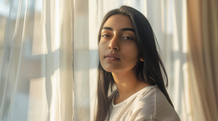 A young woman stands in soft sunlight beside sheer curtains, lost in thought, creating a peaceful and contemplative mood with warm, gentle lighting.