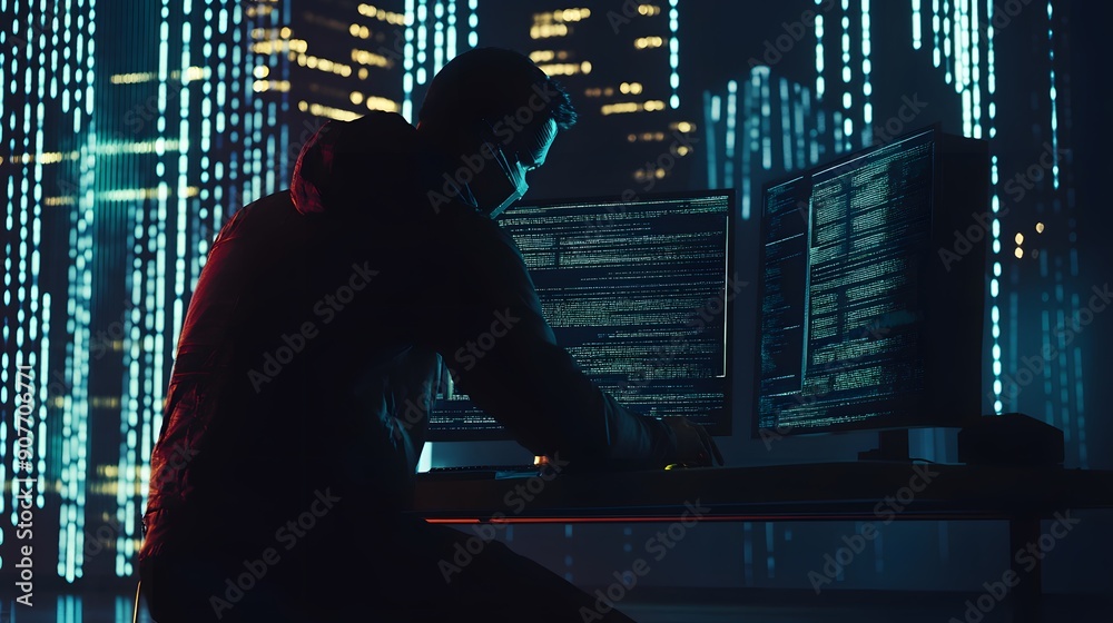 Poster a hooded figure sits in front of two computer monitors, working on code. the background is a blur of