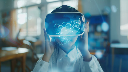 A child explores a virtual world using a VR headset, surrounded by a futuristic digital atmosphere in a modern classroom.