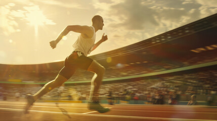 A runner races down the track during a vibrant sunny day at a stadium, showcasing the energy and determination of competitive athletics.