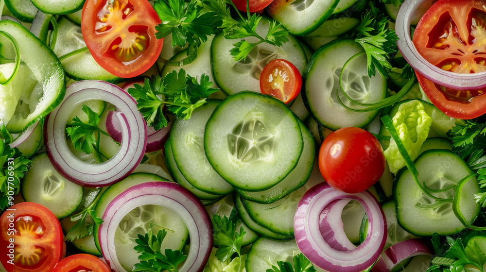 Wall mural A vibrant medley of sliced cucumbers, tomatoes, and red onions, garnished with fresh parsley, showcasing a refreshing salad.