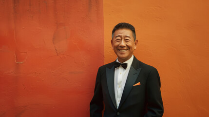 A smiling man in a tuxedo stands against a two-toned orange background, radiating warmth and elegance in his formal attire.