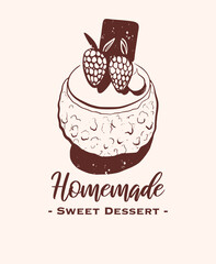 Drawing of pastry products, desserts. Food menu design template, logo. Hand drawn sketch vector illustration.