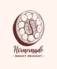 Drawing of pastry products, desserts. Food menu design template, logo. Hand drawn sketch vector illustration.