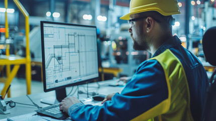 Engineer concentrates on a CAD design on his computer screen in a bustling factory, representing technical proficiency and industrial productivity.