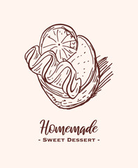Drawing of pastry products, desserts. Food menu design template, logo. Hand drawn sketch vector illustration.