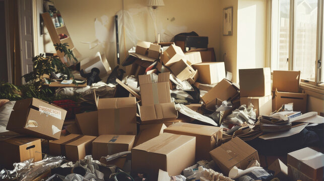 A chaotic room filled with a haphazard pile of boxes, furniture, and miscellaneous items, illuminated by natural light from a large window.