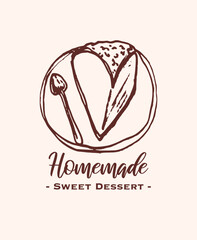 Drawing of pastry products, desserts. Food menu design template, logo. Hand drawn sketch vector illustration.