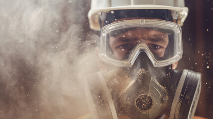 Close-up of a worker wearing protective gear amidst dusty surroundings, emphasizing safety and resilience in a challenging work environment.