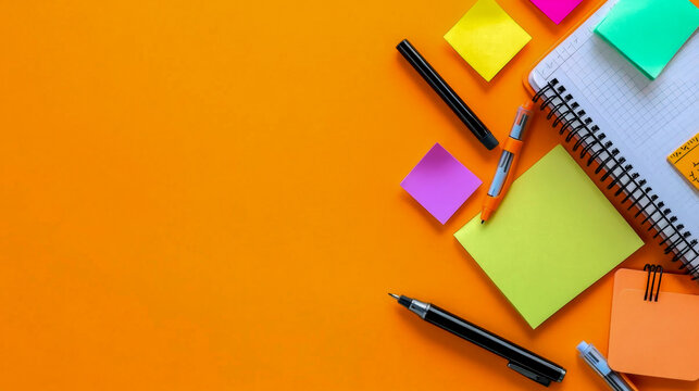 Back to school concept with spiral notebook and pens on vibrant orange background