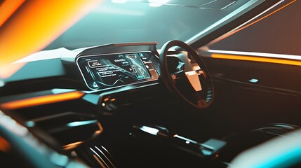 Futuristic car interior with a digital dashboard and steering wheel.