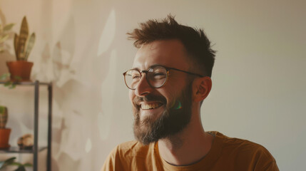 Obraz premium A smiling bearded man with glasses in a warmly lit room, exuding happiness and contentment.
