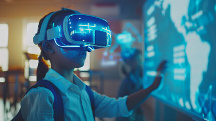 A young student using a virtual reality headset in a classroom, engaging with a digital world for educational purposes.
