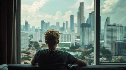A person looks out a large window at a sprawling city skyline, contemplating the vast urban landscape in the distance.