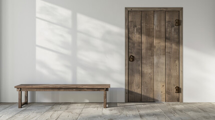 A rustic wooden bench and a closed door bathed in soft, natural light create a minimalist and peaceful scene.