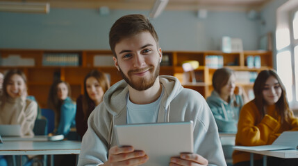 Fototapeta premium A bearded student with a friendly smile holds a tablet in a classroom filled with engaged classmates, creating a warm and collaborative atmosphere.
