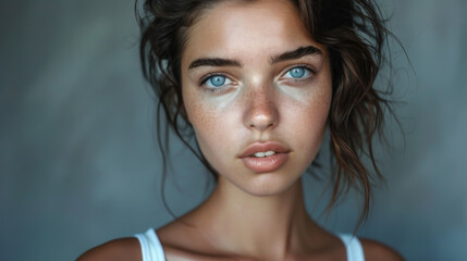 Naklejka premium A portrait of a woman with captivating blue eyes and tousled hair gazing intensely, under soft, natural light.