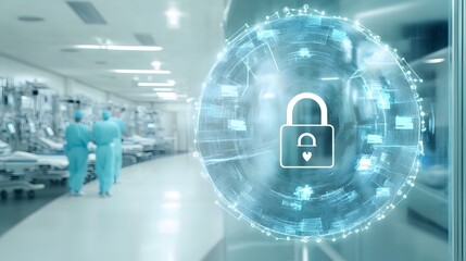 A white padlock icon with a heart inside is shown in a blue digital sphere, representing data security in a hospital setting.