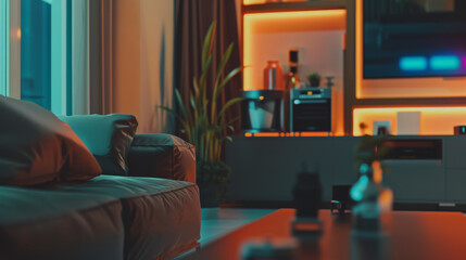A cozy, modern living room bathed in warm ambient lighting, featuring a chic leather couch and a stylish entertainment setup, creating a relaxed atmosphere.