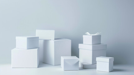 Fototapeta premium A serene display of white boxes stacked and arranged against a soft, gray background, radiating simplicity and elegance in composition.