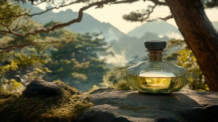 Naklejka premium Serene forest scene with perfume bottle, mountainous view
