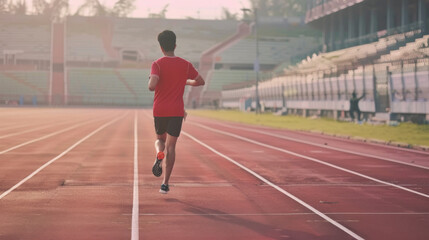 A lone runner in a red shirt and black shorts races down an empty athletic track, bathed in the soft light of early morning.