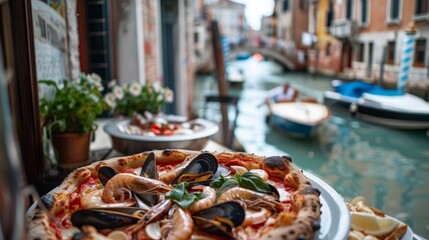 A personal-sized pizza topped with seafood mussels, and clams being enjoyed, reflecting the coastal flavors of the region.