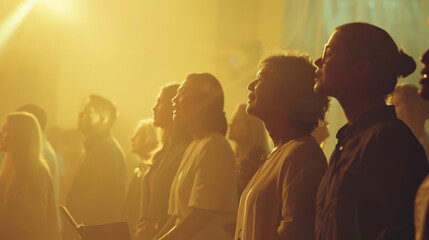 A diverse group of people, eyes closed and faces illuminated by warm light, deeply engaged in a communal, meditative experience.