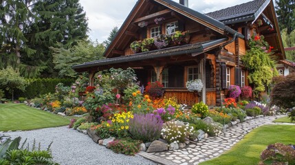 Fototapeta premium Picture a cozy chalet with wooden beams, a steeply pitched roof, and flower boxes under the windows.
