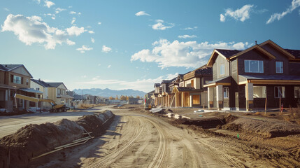 Fototapeta premium A residential construction site with houses under development, set against a clear blue sky with scattered clouds, capturing progress and community growth.