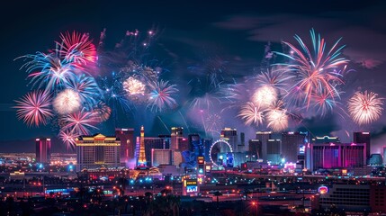 Vibrant fireworks explode over a cityscape at night, illuminating skyscrapers and creating a dazzling spectacle.